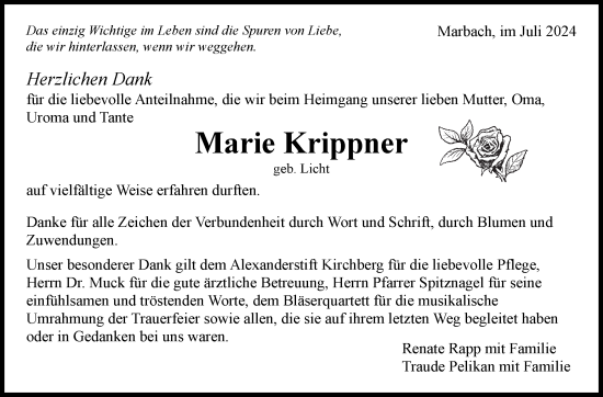 Traueranzeige von Marie Krippner von Marbacher Zeitung