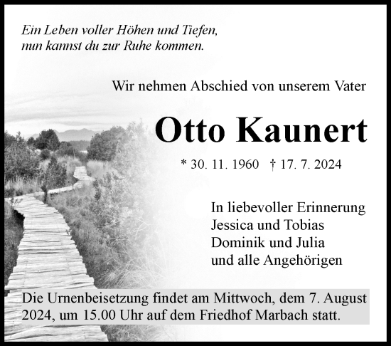 Traueranzeige von Otto Kaunert von Marbacher Zeitung