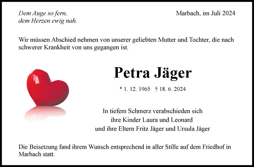  Traueranzeige für Petra Jäger vom 09.07.2024 aus Marbacher Zeitung