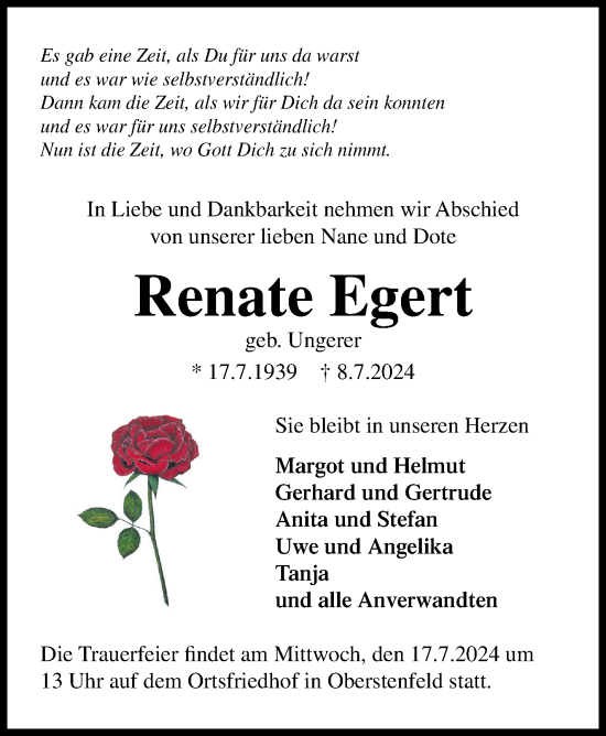 Traueranzeige von Renate Egert von Marbacher Zeitung