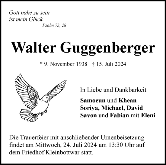 Traueranzeige von Walter Guggenberger von Marbacher Zeitung