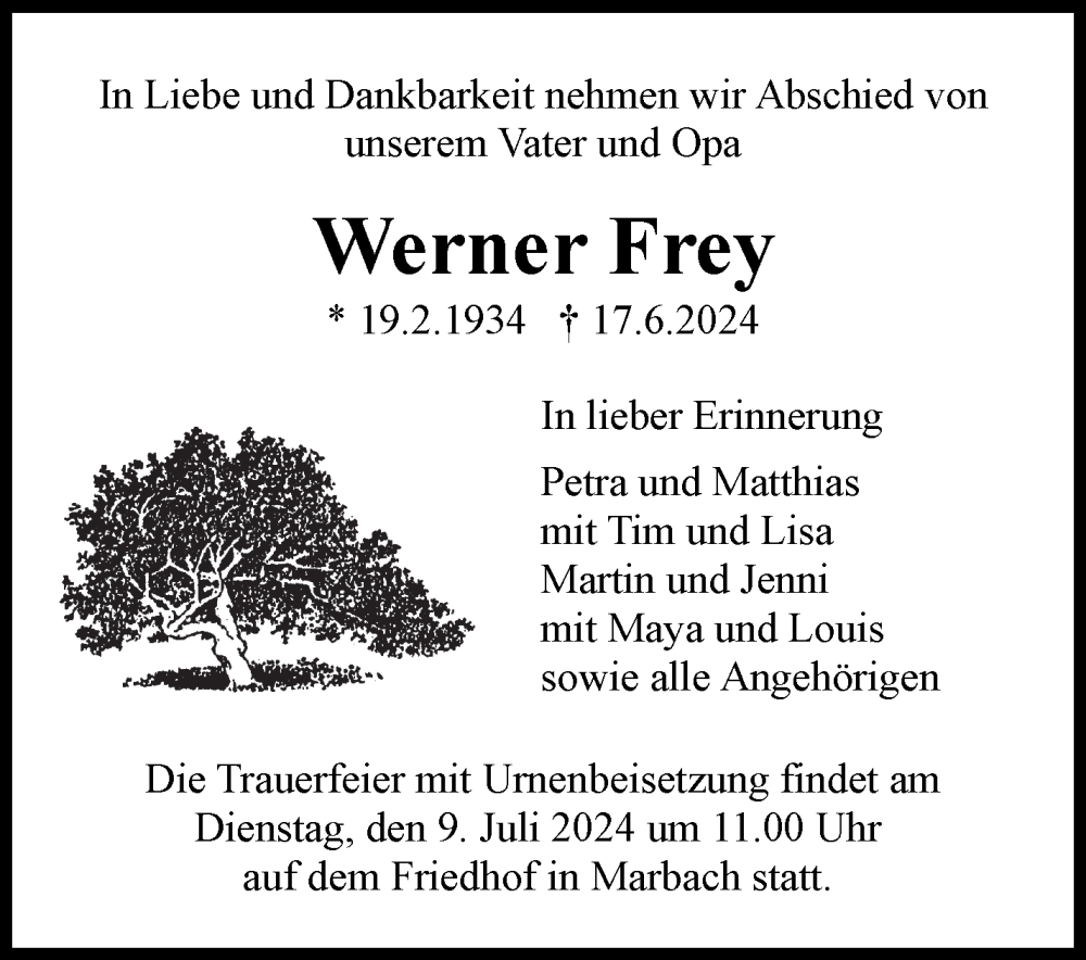  Traueranzeige für Werner Frey vom 02.07.2024 aus Marbacher Zeitung