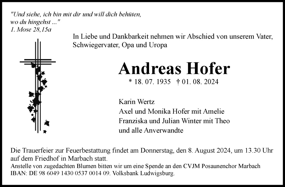  Traueranzeige für Andreas Hofer vom 06.08.2024 aus Marbacher Zeitung