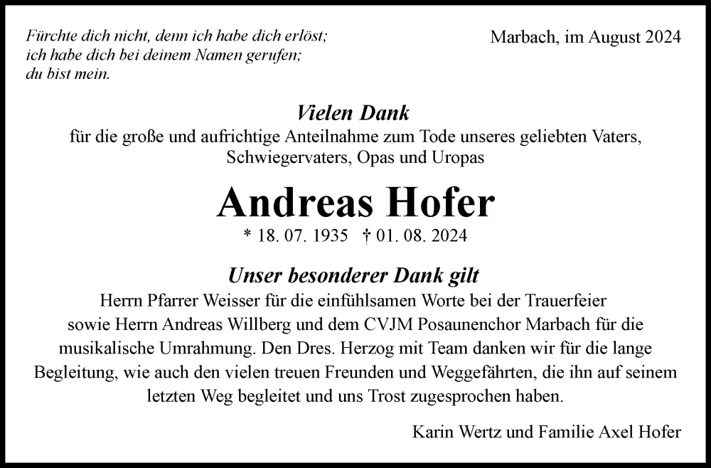  Traueranzeige für Andreas Hofer vom 26.08.2024 aus Marbacher Zeitung