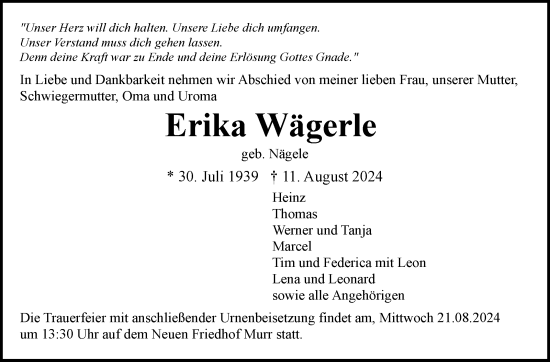 Traueranzeige von Erika Wägerle von Marbacher Zeitung