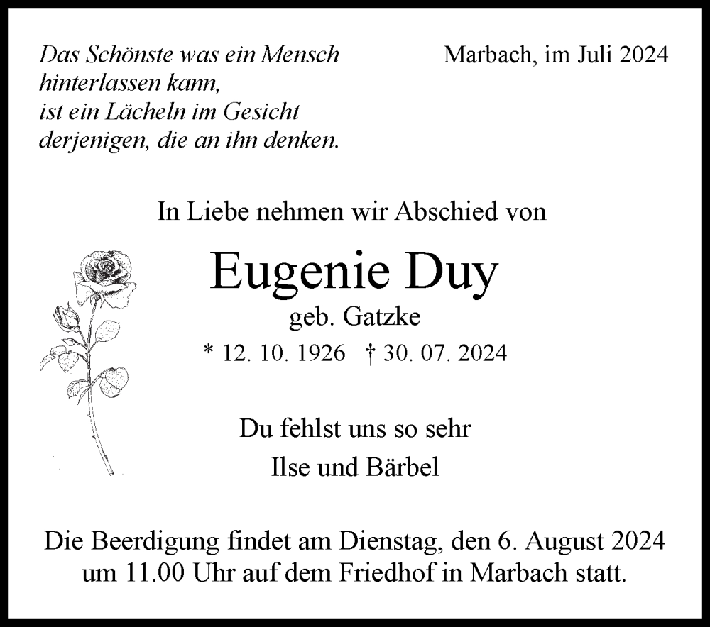 Traueranzeige für Eugenie Duy vom 02.08.2024 aus Marbacher Zeitung
