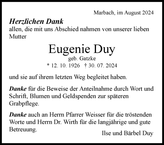 Traueranzeige von Eugenie Duy von Marbacher Zeitung