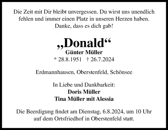 Traueranzeige von Günter Müller von Marbacher Zeitung