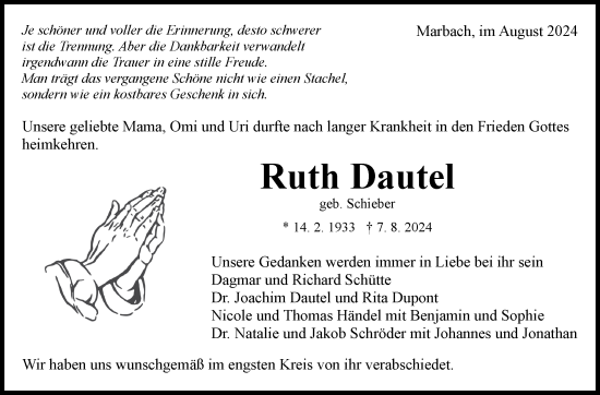 Traueranzeige von Ruth Dautel von Marbacher Zeitung