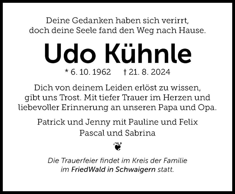 Traueranzeige für Udo Kühnle vom 29.08.2024 aus Marbacher Zeitung