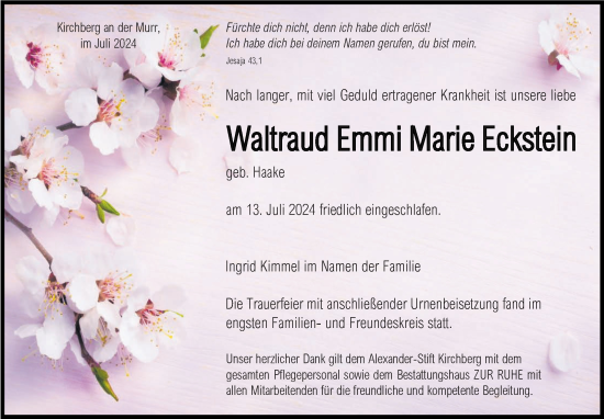 Traueranzeige von Waltraud Emmi Marie Eckstein von Marbacher Zeitung