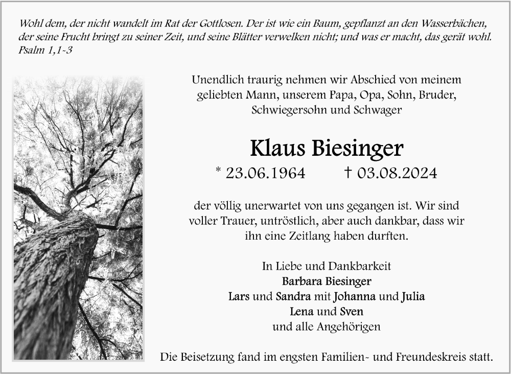  Traueranzeige für Klaus Biesinger vom 19.08.2024 aus Marbacher Zeitung
