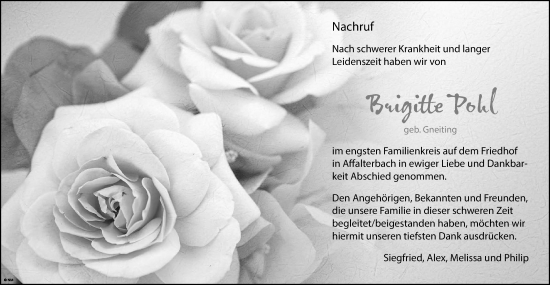 Traueranzeige von Brigitte Pohl von Marbacher Zeitung