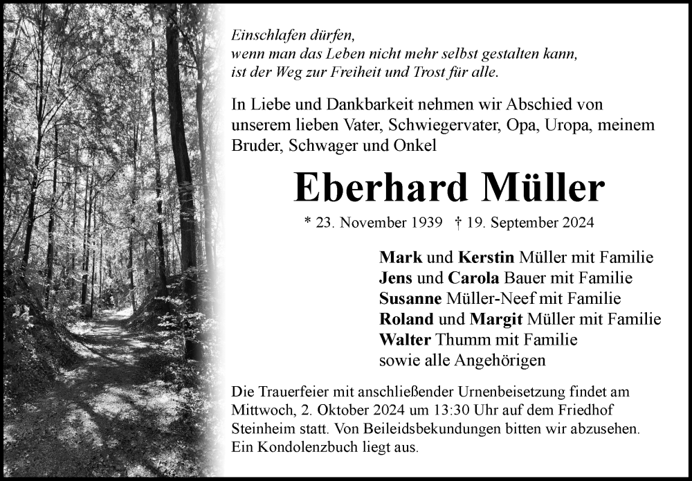  Traueranzeige für Eberhard Müller vom 27.09.2024 aus Marbacher Zeitung