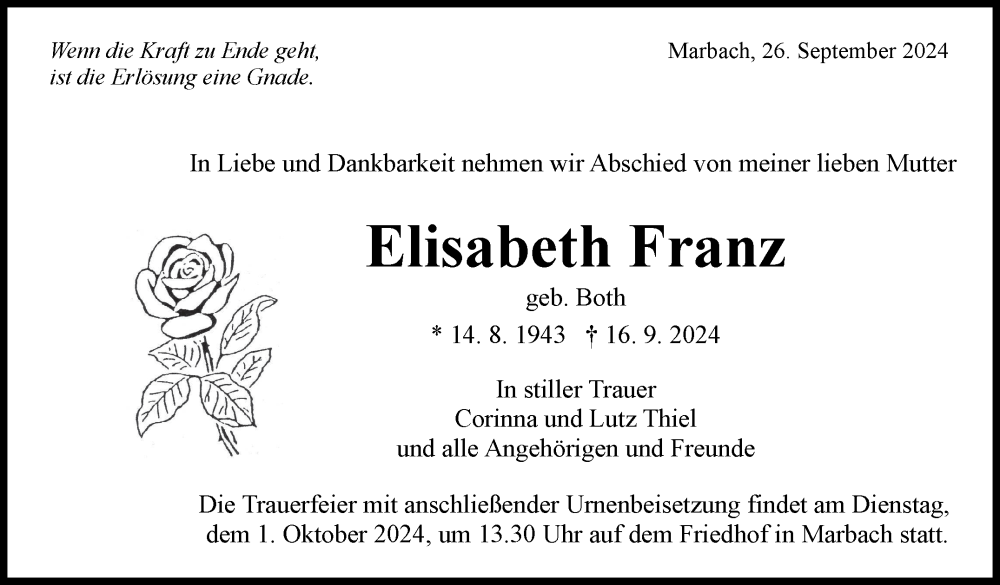  Traueranzeige für Elisabeth Franz vom 26.09.2024 aus Marbacher Zeitung