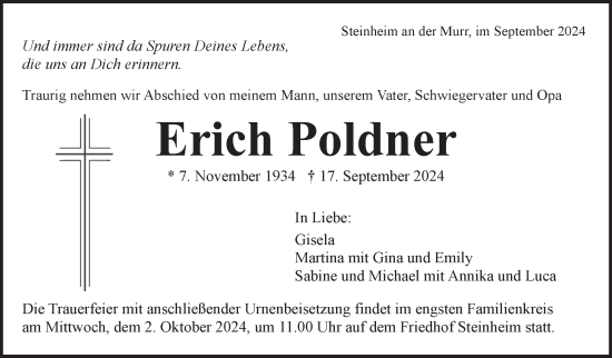 Traueranzeige von Erich Poldner von Marbacher Zeitung