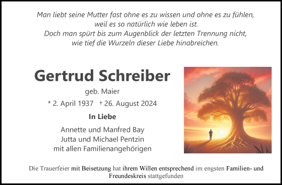 Traueranzeige von Gertrud Schreiber von Marbacher Zeitung