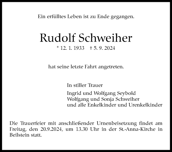 Traueranzeige von Rudolf Schweiher von Marbacher Zeitung