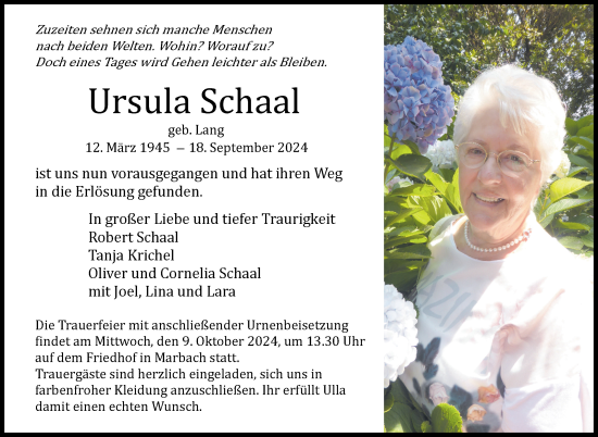 Traueranzeige von Ursula Schaal von Marbacher Zeitung