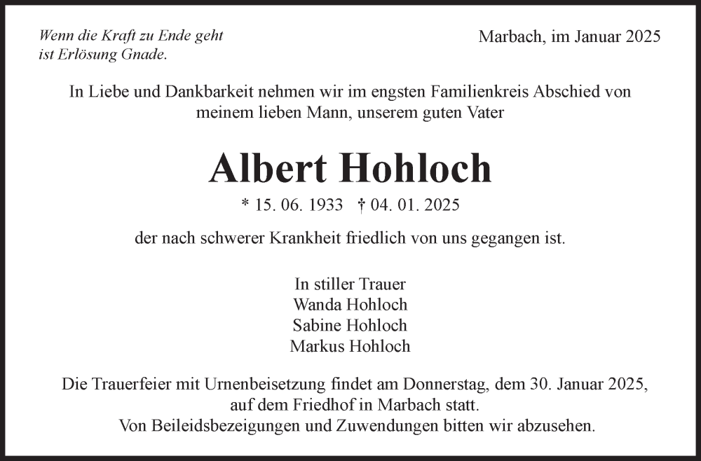  Traueranzeige für Albert Hohloch vom 24.01.2025 aus Marbacher Zeitung