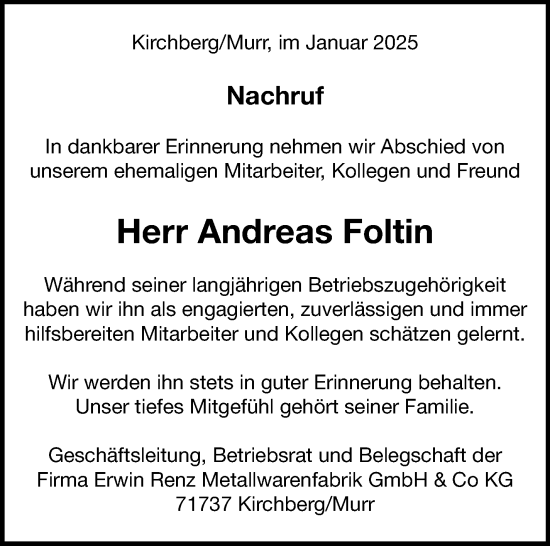 Traueranzeige von Andreas Foltin von Marbacher Zeitung