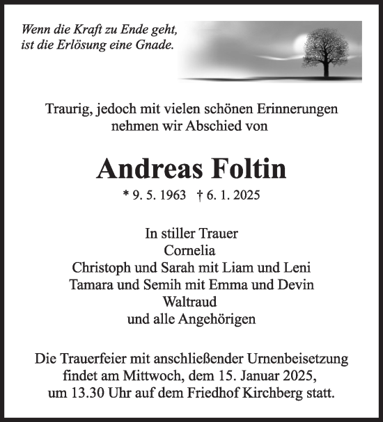 Traueranzeige von Andreas Foltin von Marbacher Zeitung