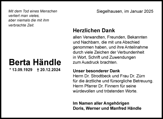 Traueranzeige von Berta Händle von Marbacher Zeitung