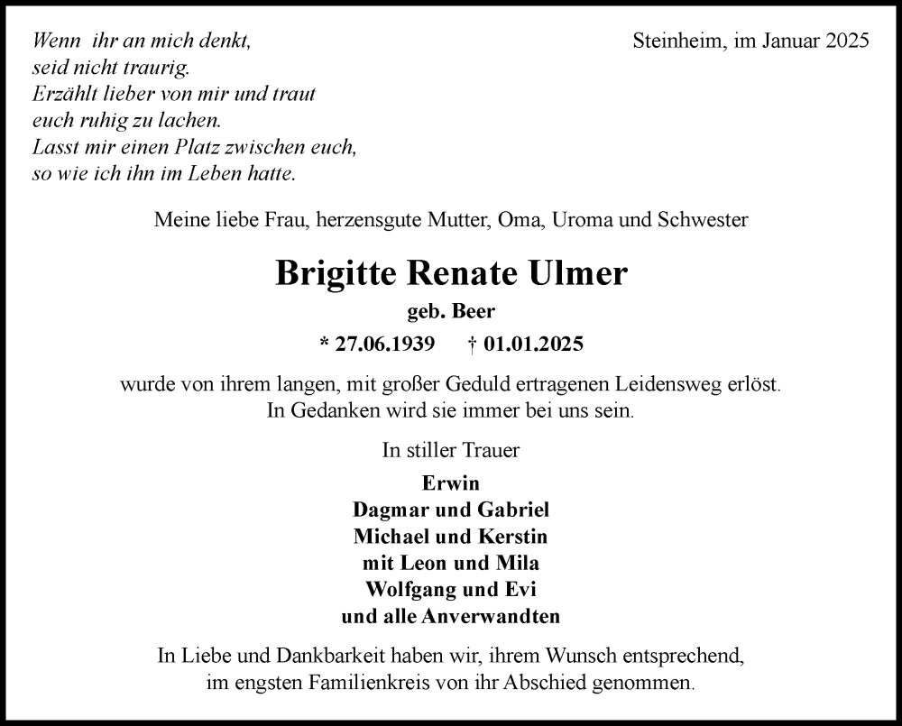  Traueranzeige für Brigitte Ulmer vom 22.01.2025 aus Marbacher Zeitung