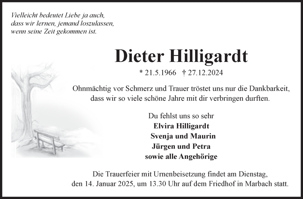  Traueranzeige für Dieter Hilligardt vom 08.01.2025 aus Marbacher Zeitung