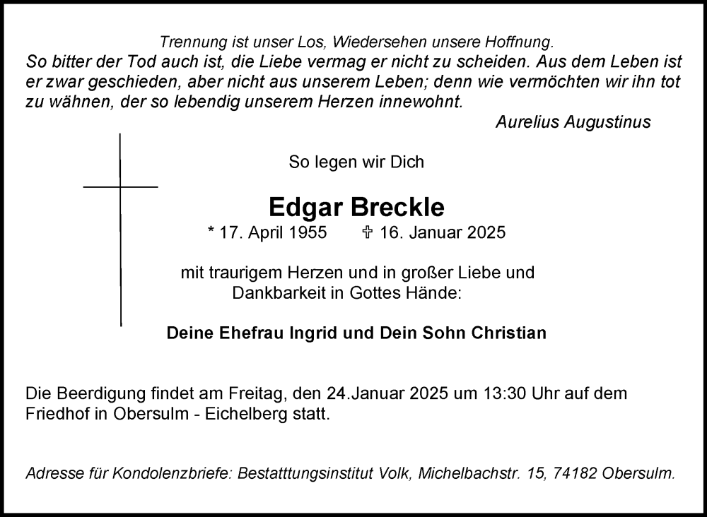  Traueranzeige für Edgar Breckle vom 21.01.2025 aus Marbacher Zeitung