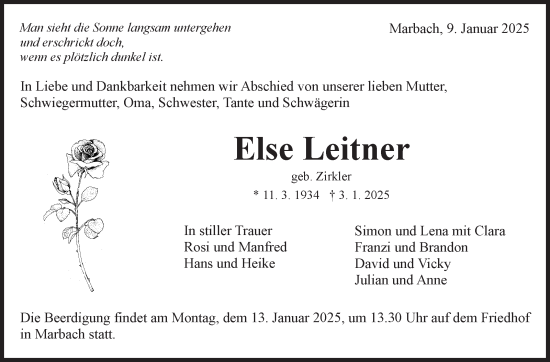 Traueranzeige von Else Leitner von Marbacher Zeitung