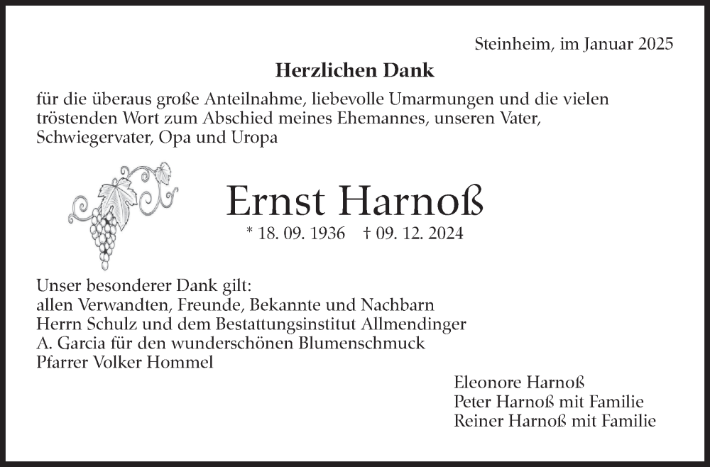  Traueranzeige für Ernst Harnoß vom 31.01.2025 aus Marbacher Zeitung