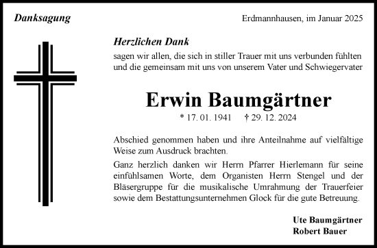 Traueranzeige von Erwin Baumgärtner von Marbacher Zeitung