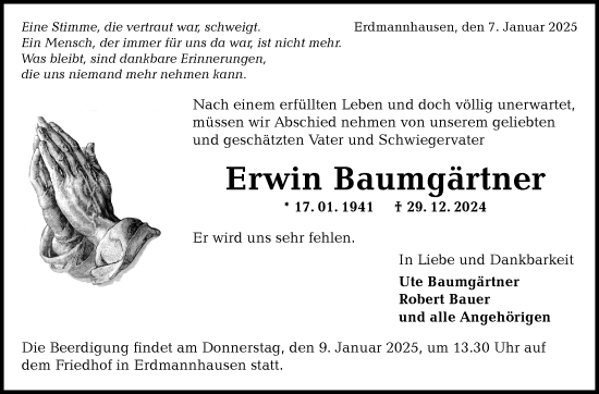 Traueranzeige von Erwin Baumgärtner von Marbacher Zeitung