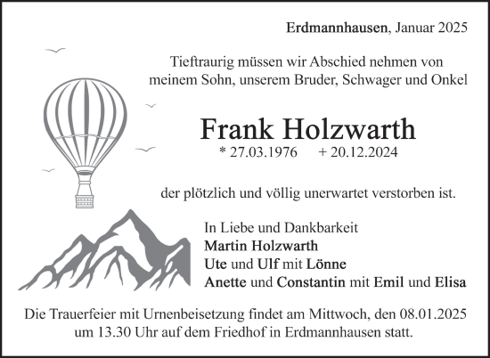 Traueranzeige von Frank Holzwarth von Marbacher Zeitung