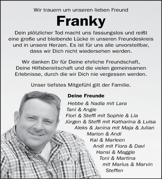 Traueranzeige von Franky  von Marbacher Zeitung