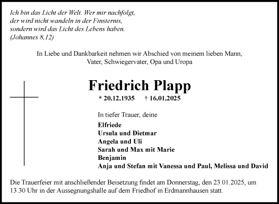 Traueranzeige von Friedrich Plapp von Marbacher Zeitung