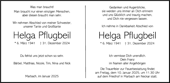 Traueranzeige von Helga Pflugbeil von Marbacher Zeitung