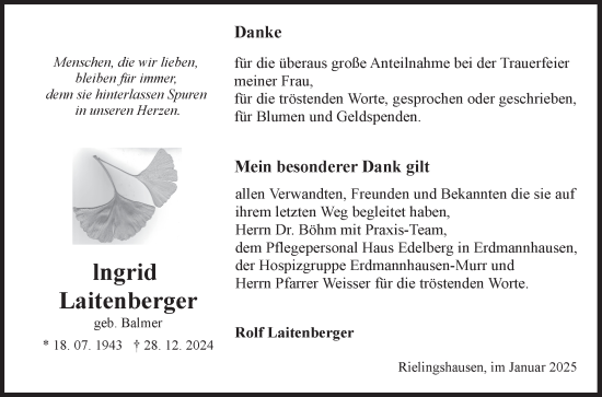 Traueranzeige von Ingrid Laitenberger von Marbacher Zeitung