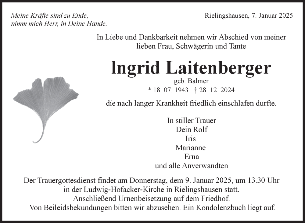  Traueranzeige für Ingrid Laitenberger vom 07.01.2025 aus Marbacher Zeitung