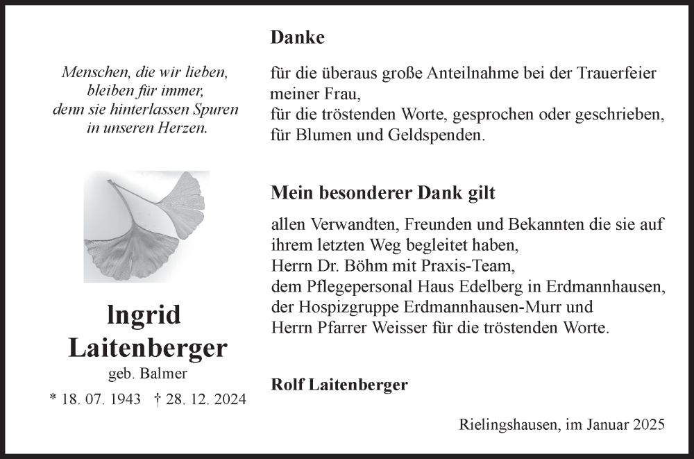  Traueranzeige für Ingrid Laitenberger vom 24.01.2025 aus Marbacher Zeitung
