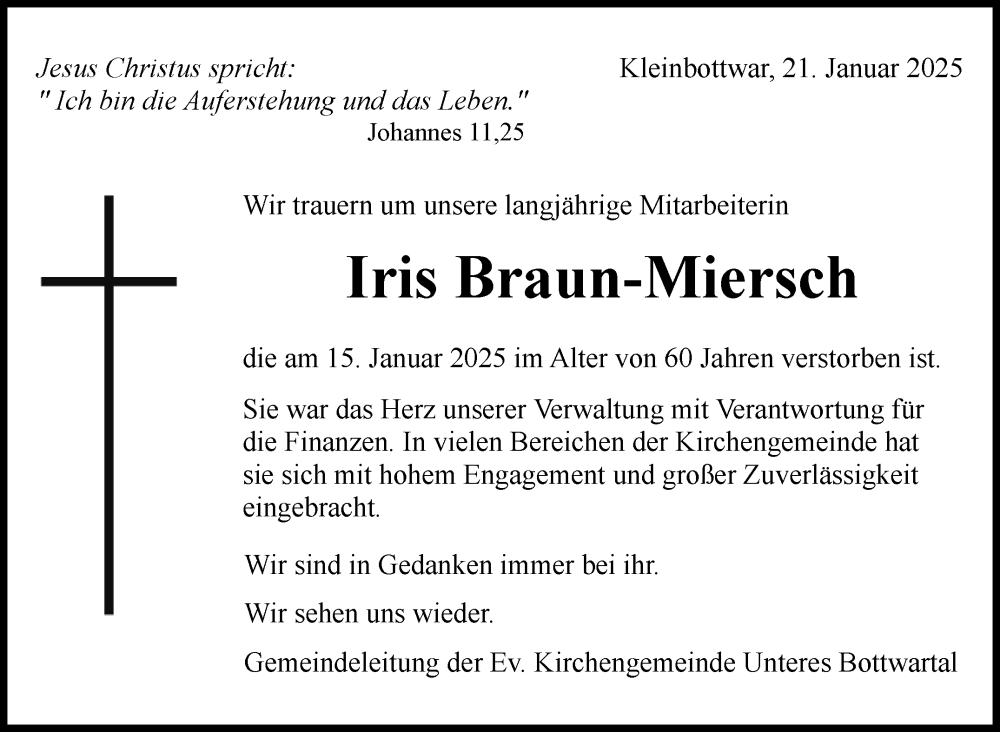  Traueranzeige für Iris Braun-Miersch vom 21.01.2025 aus Marbacher Zeitung