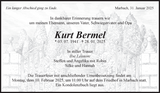 Traueranzeige von Kurt Bermel von Marbacher Zeitung