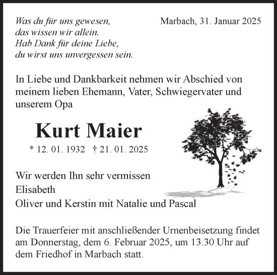 Traueranzeige von Kurt Maier von Marbacher Zeitung