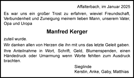 Traueranzeige von Manfred Kerger von Marbacher Zeitung