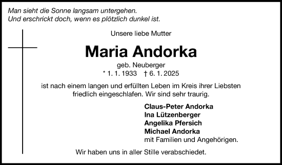 Traueranzeige von Maria Andorka von Marbacher Zeitung