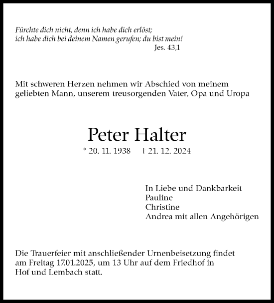 Traueranzeige von Peter Halter von Marbacher Zeitung