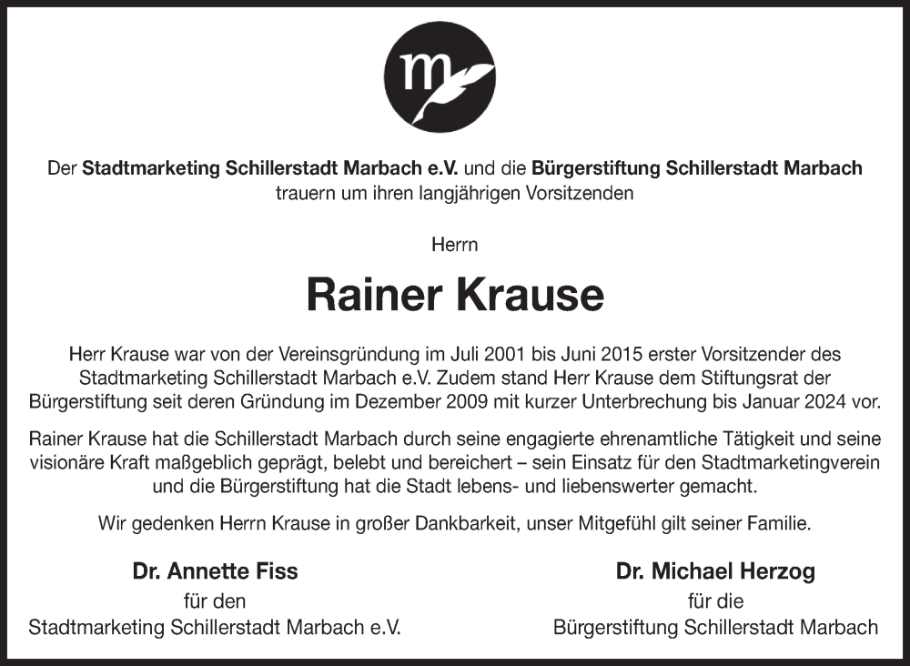  Traueranzeige für Rainer Krause vom 13.01.2025 aus Marbacher Zeitung