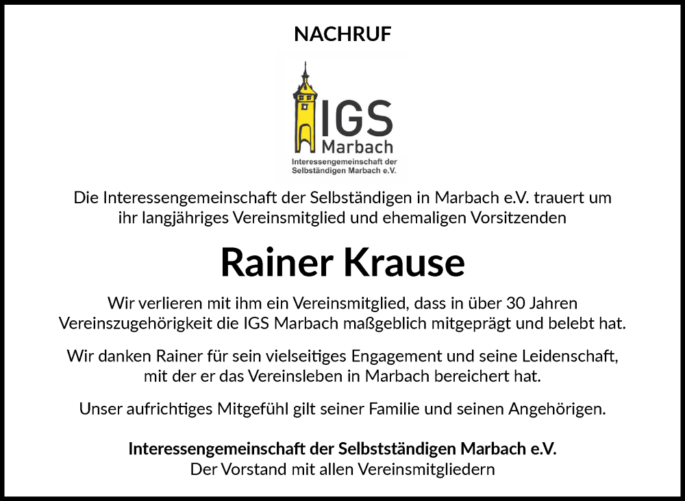 Traueranzeige für Rainer Krause vom 16.01.2025 aus Marbacher Zeitung