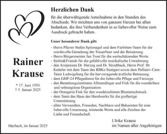 Traueranzeige von Rainer Krause von Marbacher Zeitung